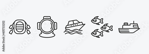 nautical outline icons set. nautical icons such as rubber raft, aqualung, cruise ship, fishes, ferry facing right vector. can be used web and mobile.