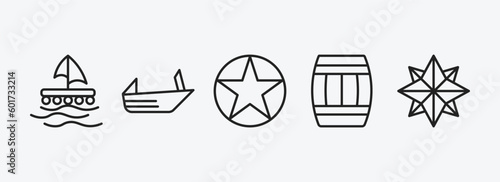nautical outline icons set. nautical icons such as wood raft, roofless speed boat, star inside circle, big barrel, wind rose vector. can be used web and mobile.