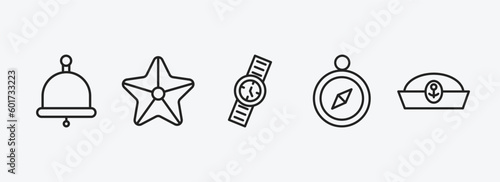nautical outline icons set. nautical icons such as boat bell, big starfish, water resist watch, compass inclined, sailor cap vector. can be used web and mobile.