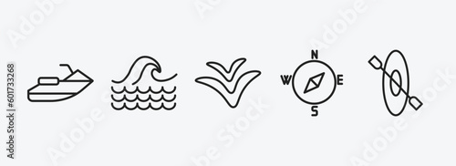 nautical outline icons set. nautical icons such as facing right, sea, seagull, compass, one kayak vector. can be used web and mobile.