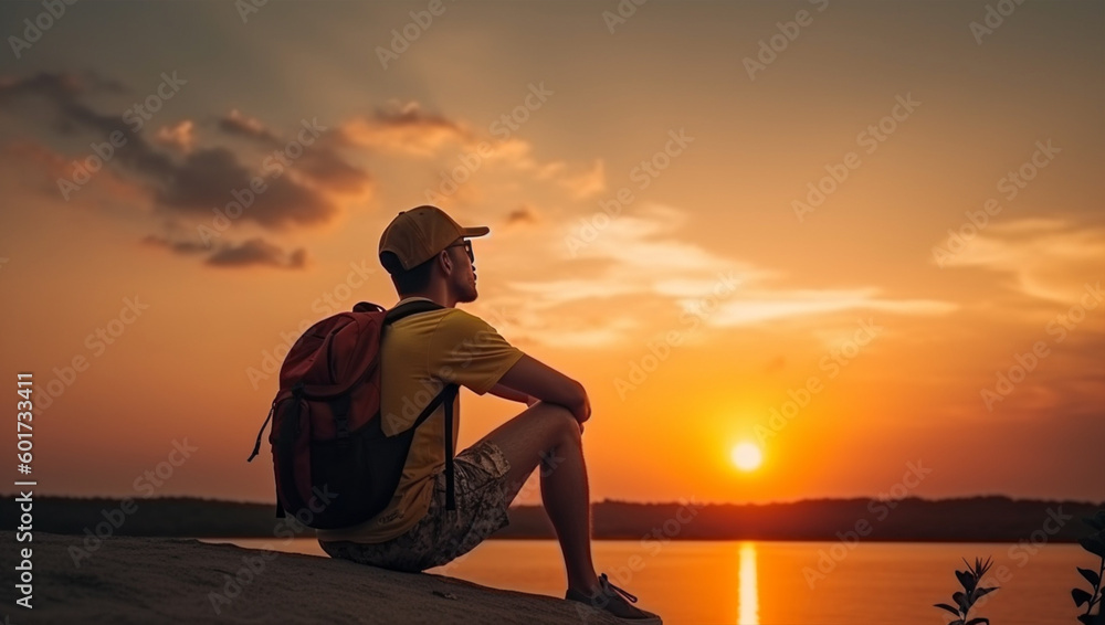 Young man is looking at the sunrise