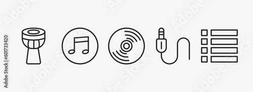 music and media outline icons set. music and media icons such as timpani, flat, cd, jack connector, dotted barline vector. can be used web and mobile.