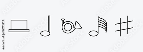 music and media outline icons set. music and media icons such as half rest, crotchet, french horn, hemidemisemiquaver, sharp vector. can be used web and mobile.