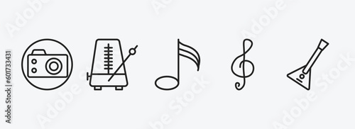 music and media outline icons set. music and media icons such as photo camera, metronome, demisemiquaver, treble clef, balalaika vector. can be used web and mobile.