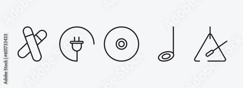 music and media outline icons set. music and media icons such as clave, charging plug, dvd disc, half note, music triangle vector. can be used web and mobile.