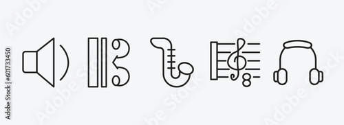 music and media outline icons set. music and media icons such as low volume speaker, alto clef, saxophone, octave, music player headphones vector. can be used web and mobile.