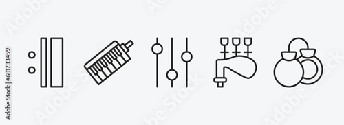 music outline icons set. music icons such as repeat, melodica, music player tings, bagpipes, castanets vector. can be used web and mobile.