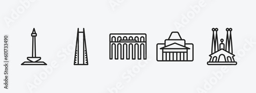 monuments outline icons set. monuments icons such as national monument monas, the, segovia aqueduct, shrine of remembrance, spain vector. can be used web and mobile. © Farahim