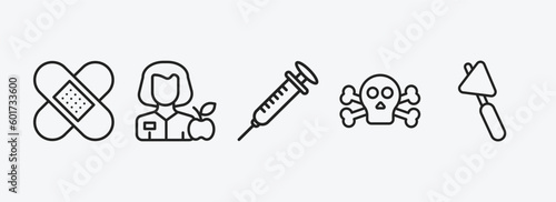 medical outline icons set. medical icons such as plastering, nutrionist, syringe with medicine, dead, medical hammer tool vector. can be used web and mobile.