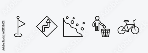 maps and flags outline icons set. maps and flags icons such as maps and flags, curves ahead, rock landslide safety, throw to the bin, bicycle vector. can be used web mobile.