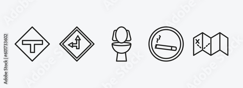 maps and flags outline icons set. maps and flags icons such as t road intersection, left side road, toilets, smoke zone, treasure map with x vector. can be used web and mobile.