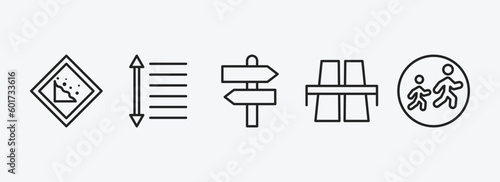 maps and flags outline icons set. maps and flags icons such as land slide, spacing, divarication, flyover bridge, school zone vector. can be used web and mobile.