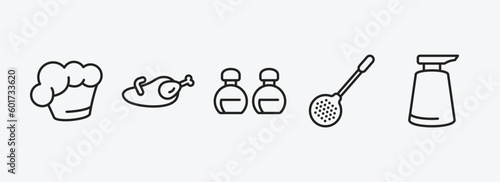 kitchen outline icons set. kitchen icons such as chef hat, broiler, seasoning, skimmer, soap dispenser vector. can be used web and mobile.