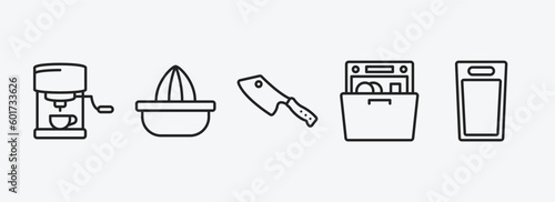 kitchen outline icons set. kitchen icons such as coffee hine, squeezer, cleaver, dishwasher, kitchen board vector. can be used web and mobile.