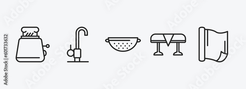 kitchen outline icons set. kitchen icons such as toaster, kitchen tap, strainer, tablecloth, aluminum foil vector. can be used web and mobile.