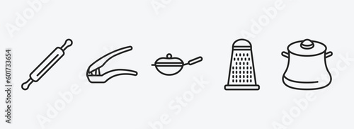 kitchen outline icons set. kitchen icons such as rolling pin, garlic press, skillet, grater, cooking pot vector. can be used web and mobile.