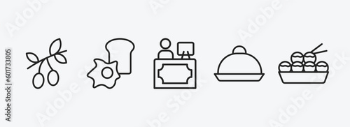 hotel and restaurant outline icons set. hotel and restaurant icons such as olives, breakfast, reception, dish, takoyaki vector. can be used web and mobile.