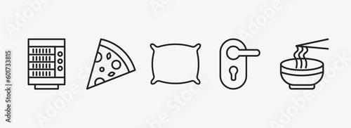 hotel and restaurant outline icons set. hotel and restaurant icons such as vending hine, pizza, pillow, doorknob, ramen vector. can be used web and mobile.