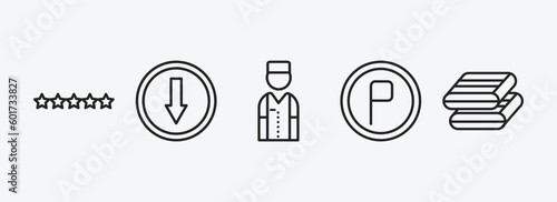 hotel and restaurant outline icons set. hotel and restaurant icons such as five stars, go down, bellboy, parking, towels vector. can be used web and mobile.