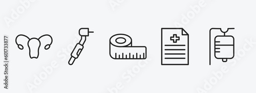 health and medical outline icons set. health and medical icons such as gynecology, dental drill, measure tape, medical file, saline vector. can be used web and mobile.