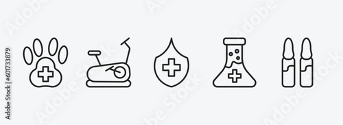 health and medical outline icons set. health and medical icons such as veterinary, stationary bike, medical shield, substance, ampoule vector. can be used web and mobile.