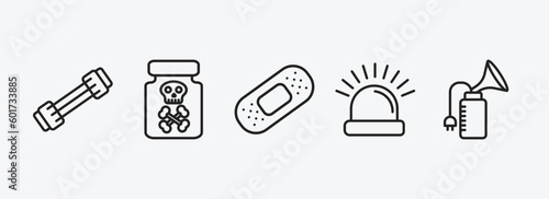 health and medical outline icons set. health and medical icons such as chest expander, poisonous, band aid, emergency, breast pump vector. can be used web and mobile.