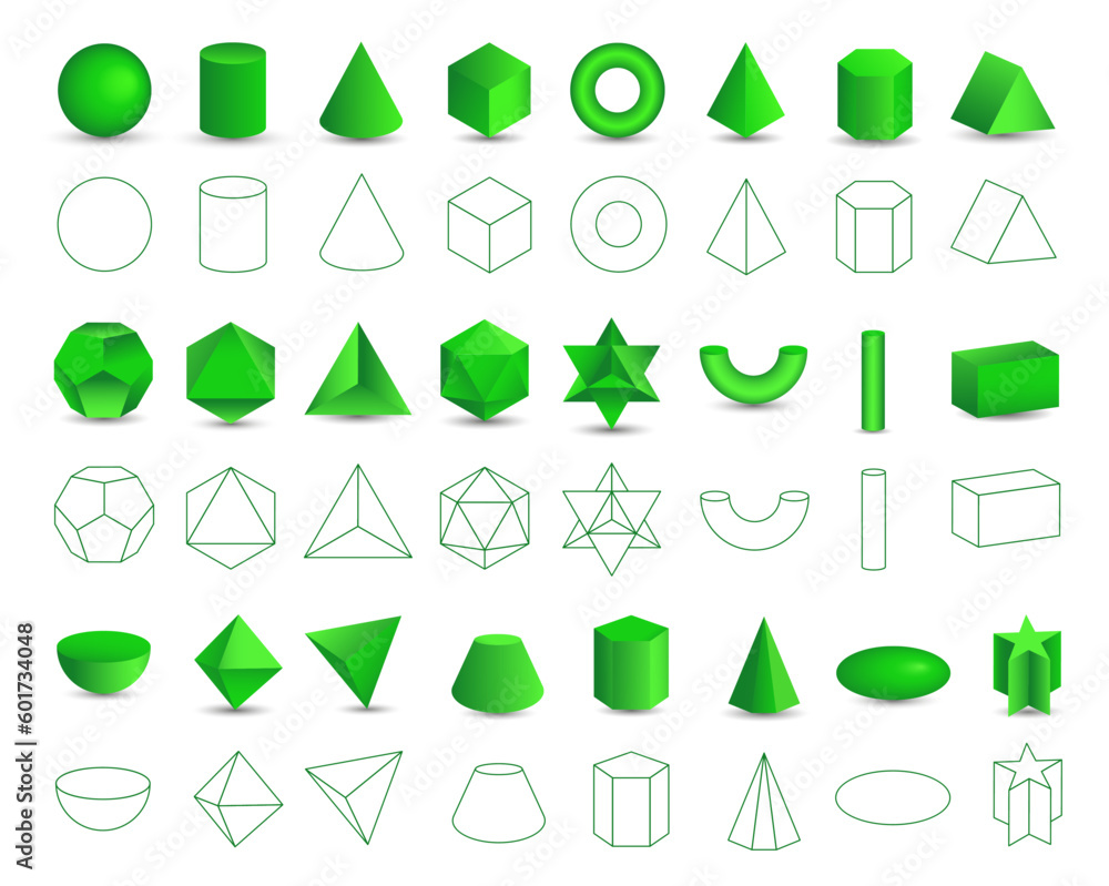 Set of vector realistic 3D green geometric shapes isolated on white background. Mathematics of geometric shapes, linear objects, contours. Platonic solid. Icons, logos for education, business, design Set of vector realistic 3D green geometric shapes isolated on white background. Mathematics of geometric shapes, linear objects, contours. Platonic solid. Icons, logos for education, business, design