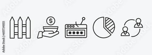 general outline icons set. general icons such as wooden fence, poor, password phishing, market share, on coaching vector. can be used web and mobile.