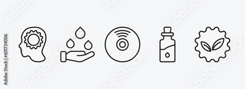 general outline icons set. general icons such as realization, save water badge, cd record, massage oil, go green badge vector. can be used web and mobile.