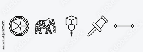 geometry outline icons set. geometry icons such as ennegon, polygonal elephant, front, push pin, line vector. can be used web and mobile.
