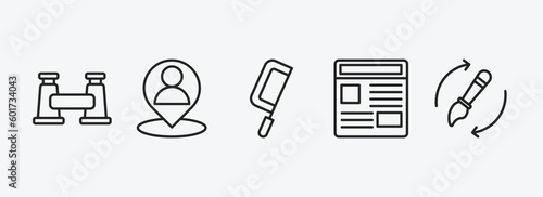 general outline icons set. general icons such as pair of binoculars, placement, fretsaw, news feed, brush history vector. can be used web and mobile.