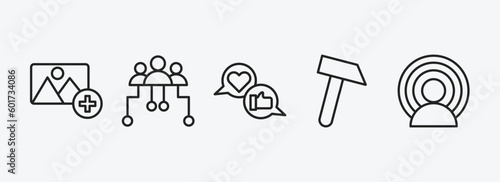general outline icons set. general icons such as add photos, hr strategy, brand engagement, sledgehammer, brand awareness vector. can be used web and mobile.
