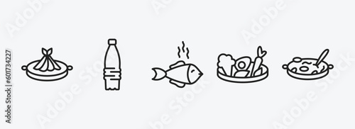 food and restaurant outline icons set. food and restaurant icons such as fuqi feipian, plastic water bottle, cooked fish, vegetarian food, cantonese seafood soup vector. can be used web and mobile.