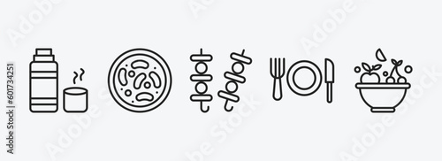 food outline icons set. food icons such as thermo flask, red bean soup, brochette, plate and utensils, healthy nutrition vector. can be used web and mobile.