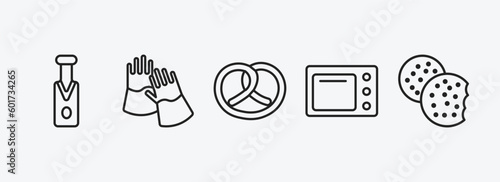 food outline icons set. food icons such as sparkling wine, protection gloves, pretzel, kitchen pack, biscuits vector. can be used web and mobile.