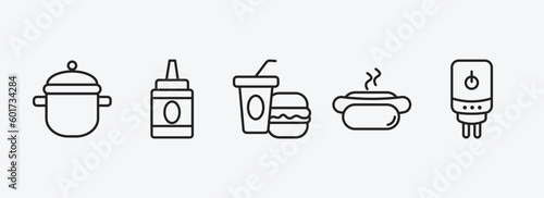 food outline icons set. food icons such as kitchen pot, condiment, junk food, hotdog and bread, boiler vector. can be used web and mobile.