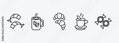 food outline icons set. food icons such as shrimps, hot coffee cup, croissant, hot herbal, polvoron vector. can be used web and mobile.