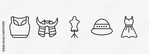 fashion outline icons set. fashion icons such as sportswear, samurai helmet, dressmaker, general helmet, women drees vector. can be used web and mobile. photo