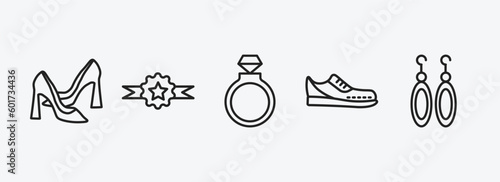 fashion outline icons set. fashion icons such as high heel shoes, medal with a star, fiance, gym shoes, accesory vector. can be used web and mobile.