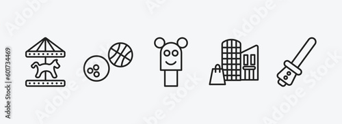 arcade outline icons set. arcade icons such as carousel horse, sports ball, puppet show, mall, lightsaber vector. can be used web and mobile.