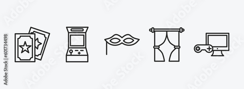 arcade outline icons set. arcade icons such as magic cards, arcade, masquerade, curtain stage, pc game vector. can be used web and mobile.