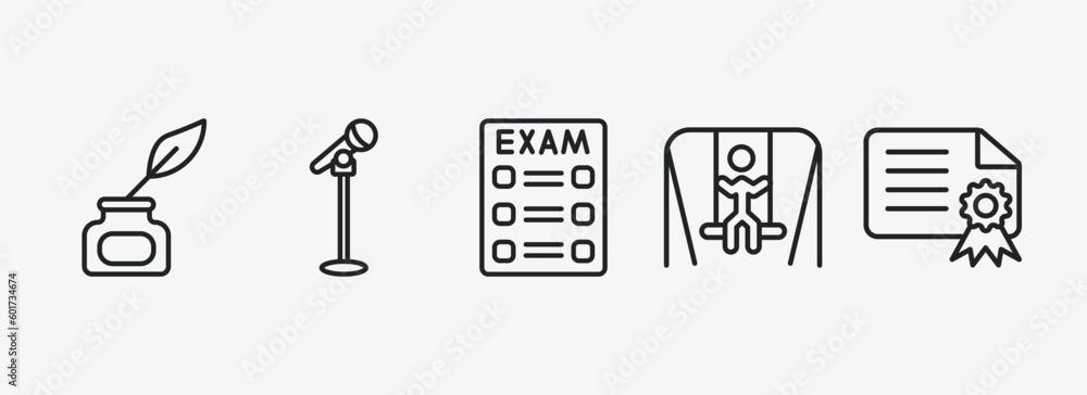 Fototapeta premium education outline icons set. education icons such as ink, microphone with stand, final test, swinging, diploma with seal vector. can be used web and mobile.
