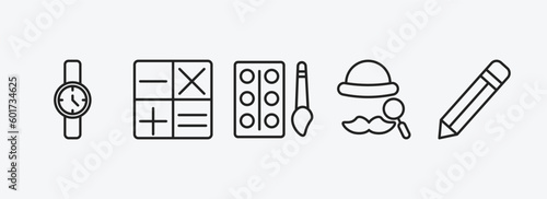 education outline icons set. education icons such as watch, maths, watercolor, sherlock holmes, pen vector. can be used web and mobile.