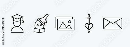 education outline icons set. education icons such as student, wizard of oz, pictures, romeo and juliet, letter vector. can be used web and mobile.