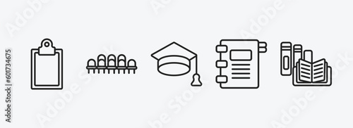 education outline icons set. education icons such as blank clipboard, grandstand, graduate cap, agenda with bookmarks, book shop vector. can be used web and mobile.