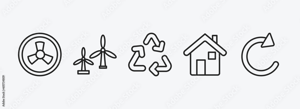 ecology outline icons set. ecology icons such as nuclear energy, eco turbine, recycling, green house, reload arrows vector. can be used web and mobile. ecology outline icons set. ecology icons such as nuclear energy, eco turbine, recycling, green house, reload arrows vector. can be used web and mobile.