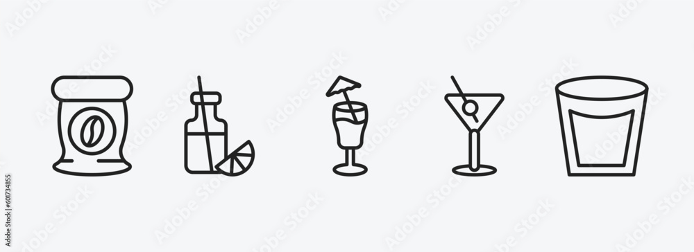 drinks outline icons set. drinks icons such as coffee bag, juice bottle, mai tai, manhattan, white russian drink vector. can be used web and mobile. drinks outline icons set. drinks icons such as coffee bag, juice bottle, mai tai, manhattan, white russian drink vector. can be used web and mobile.