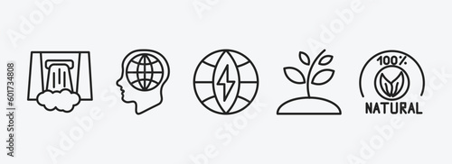 ecology outline icons set. ecology icons such as dam, awareness, eco energy power, growing plant, 100 percent natural vector. can be used web and mobile.