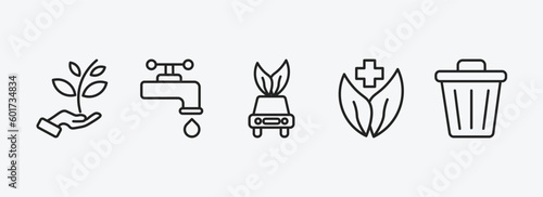 ecology outline icons set. ecology icons such as plant a tree, water tap, eco car, natural product, dust bin vector. can be used web and mobile.