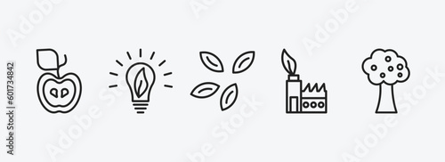 ecology outline icons set. ecology icons such as half, eco bulb, seeds, sustainable factory, fruit tree vector. can be used web and mobile.